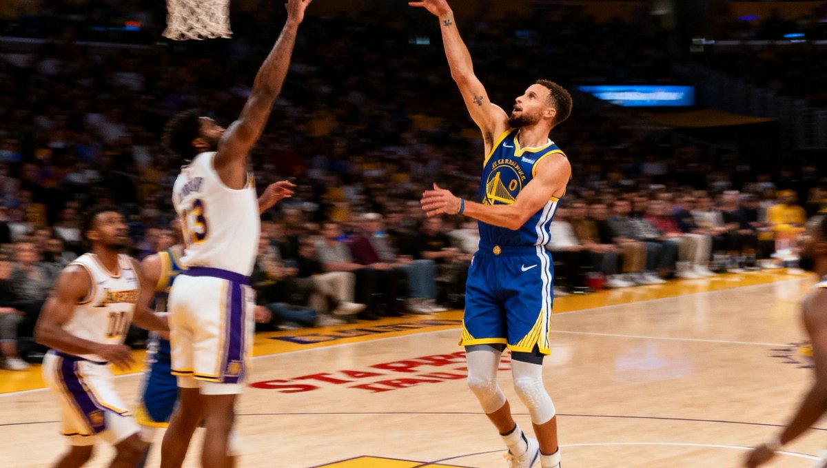 NBA常规赛湖人主场对阵勇士，库里在三分线外快速出手，篮球划出弧线的瞬间被高速摄影捕捉，防守球员奋力封盖
