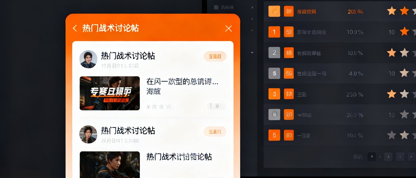 足球巴巴球迷社区Web端界面截图，左侧为帖子列表展示热门战术讨论帖，右侧为赛后评分排行榜，整体UI采用深色主题搭配橙色强调元素，信息层次清晰